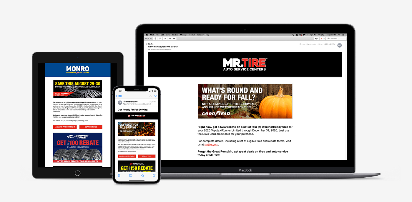 Monro, Tire Warehouse and Mr. Tire biweekly emails
